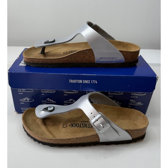 Birkenstock Shoes - Birkenstock Gizeh Silver Metallic Sandals Womens Narrow Euro 39 US 8 NWB
